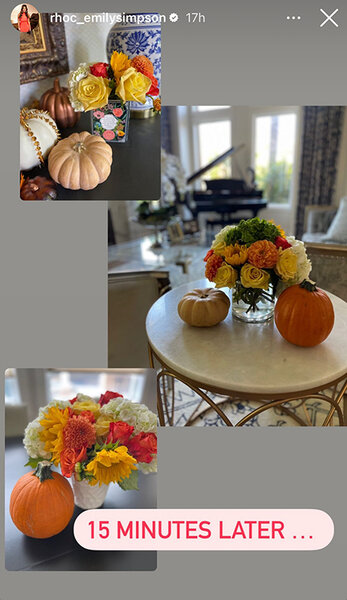 Emily Simpson shows pumpkins and bouquets of flowers on tables in her home.