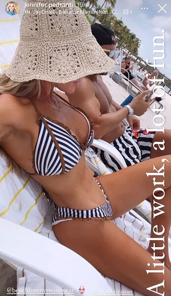 Jennifer Pedranti Wears Striped Bikini for Beach Day with Ryan