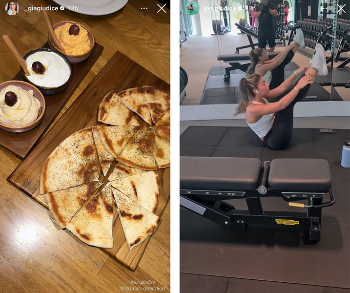 A split of Joe Giudice and Gia Giudice exercising together and of their food.