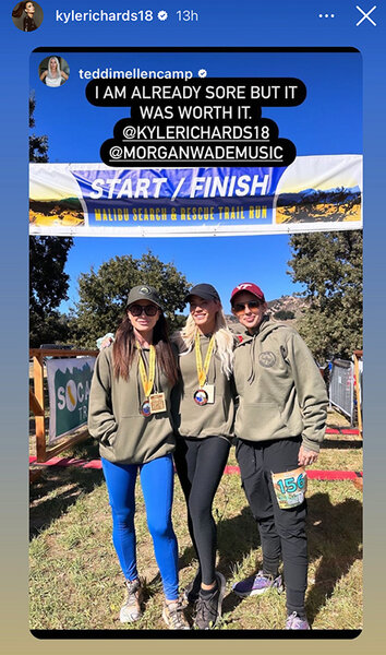 Kyle Richards, Teddi Mellencamp, and Morgan Wade posing together in athletic wear in front of a finish line.