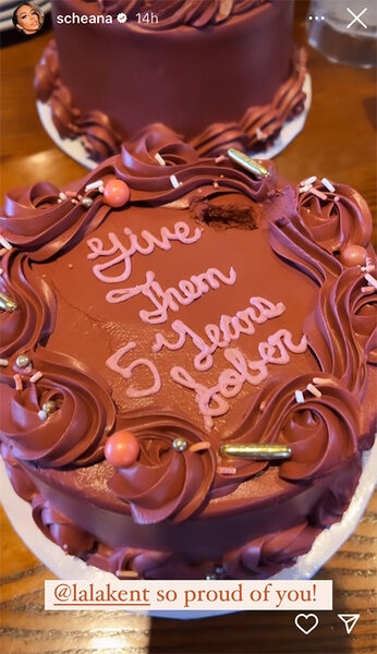 Lala Kent's decorated cake with cursive text that write, "Give them 5 years sober".
