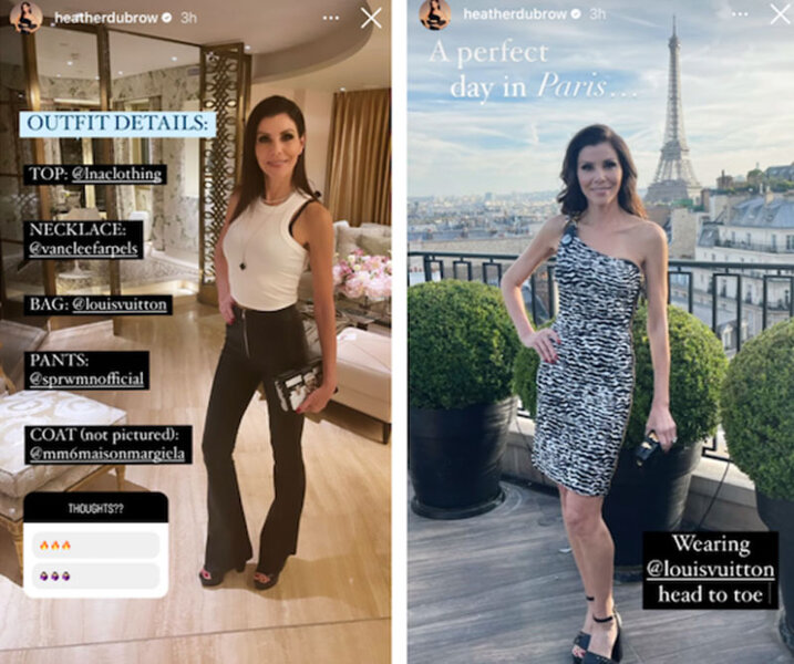 Split images of Heather Dubrow in Paris showing off her outfits.