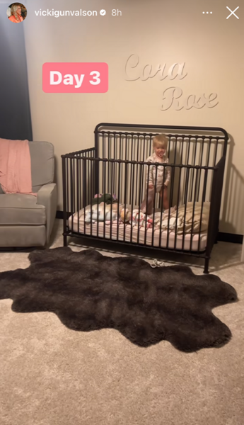 The Real Housewives of Orange County's Vicki Gunvalson's granddaughter Cora Rose stands in her crib with a brown rug in front.