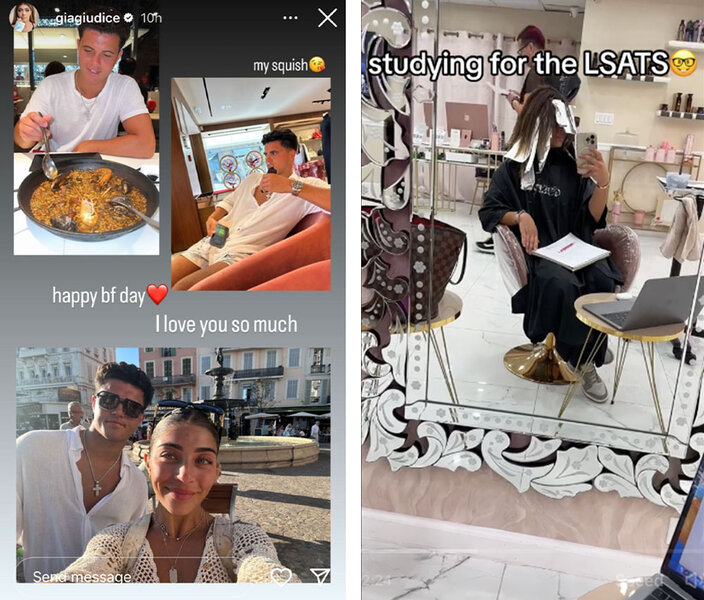 Collage of Gia Giudice with her boyfriend on vacation and Gia Giudice getting her hair done at a salon.