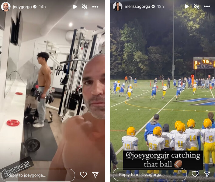 Split of Joe Gorga working out with his son Gino Gorga, and Joey Gorga playing in a football match at his high school field..