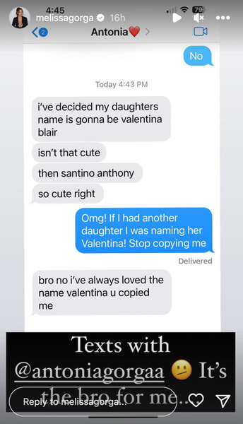 A text exchange between Melissa Gorga and her daughter Antonia Gorga.