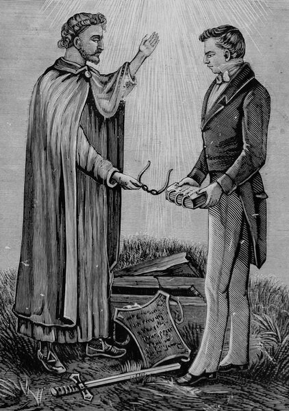 An illustration of Angel Moroni delivering the plates of the Book of Mormon to Joseph Smith.
