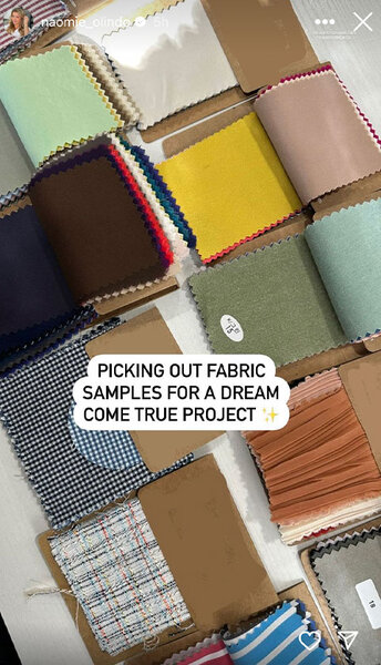 Screenshot of Naomi Olindo's Instagram story that features a bunch of fabrics