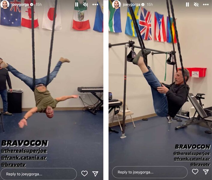 Joe Gorga and Joe Benigno swing on a ropes during bravocon 2023