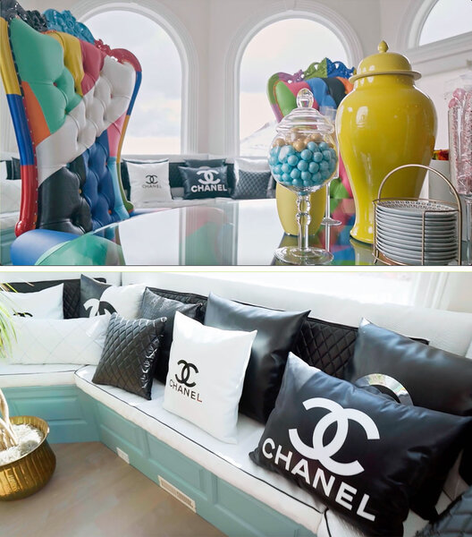 Colorful chairs and Chanel pillows in Mary Cosby's Home
