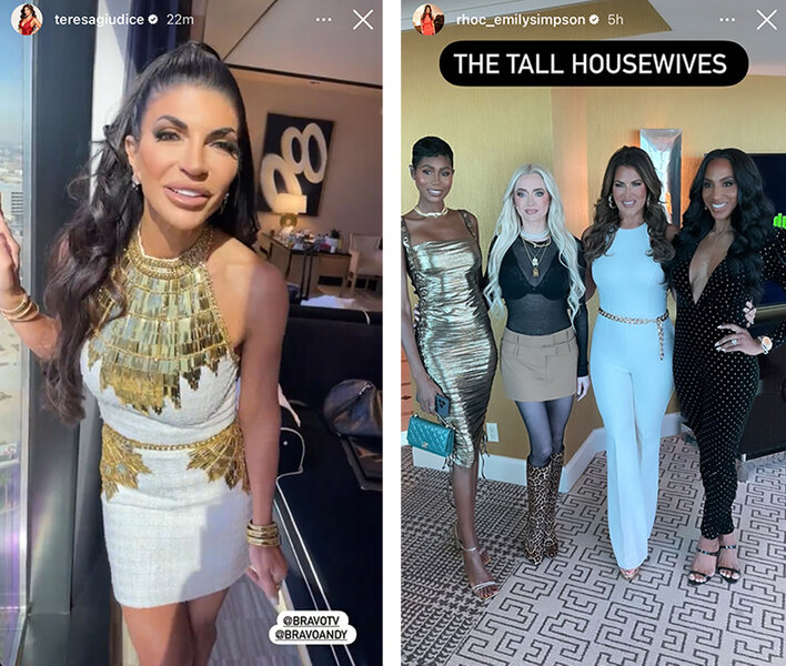 Teresa Giudice of The Real Housewives of New Jersey poses near a window in a gold and white dress; Emily Simpson wears all white as she poses with her The Real Housewives of Orange County costars.