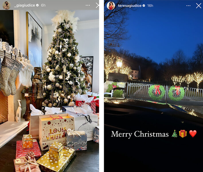 A collage of The Giudice's Christmas tree with presents and outdoor gate wreath decorations.