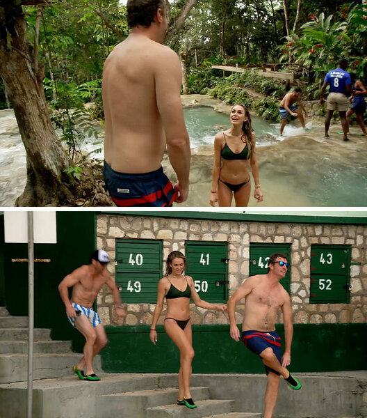 A split of Olivia Flowers, Shep Rose, and Jarrett Thomas in Jamaica at a natural spring.