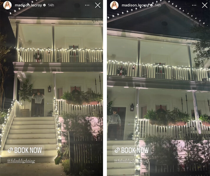 A split of Madison LeCroy's home exterior decorated with holiday lights.