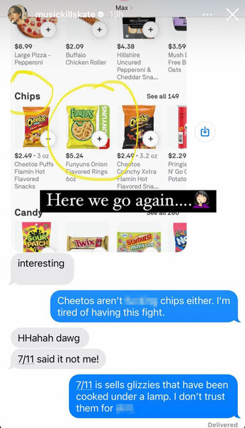 A text thread showing a series of snack foods and a discussion on weather they are chips or snacks.