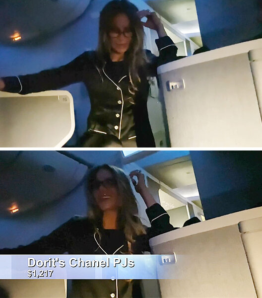 A split of Dorit Kemsley on a plane wearing black, silk, pajamas.