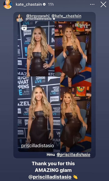Kate Chastain in a leather dress at the Watch What Happens Live clubhouse in New York City.