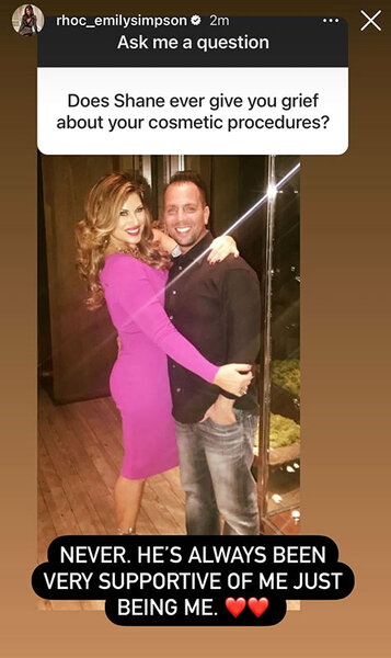 Emily Simpson and Shane Simpson pose together with text about Shane's thoughts on Emily's plastic surgery procedures overlaid.
