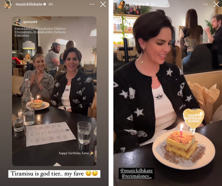 A split of Katie Maloney smiling with a birthday cake at a dining table.