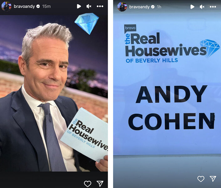 Split of Andy Cohen at the RHOBH reunion and a note card with Andy Cohen's name