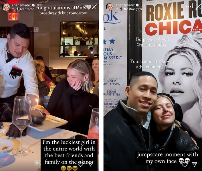 A series of Ariana Madix celebrating her Chicaco Broadway debut with her friends and boyfriend, Daniel Wai.