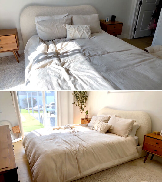 James Kennedy's bed from two angles in his home in Los Angeles, California