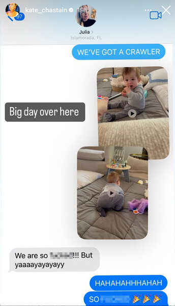 A text thread between Kate Chastain and a friend about her son starting to crawl.