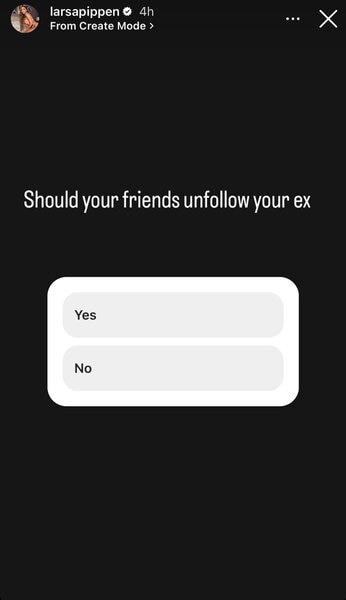 A poll on a black background that asks "Should your friends unfollow your ex? Yes or No."