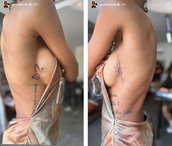 Screenshots of Eva Marcille's Instagram story that show off her new tattoos.