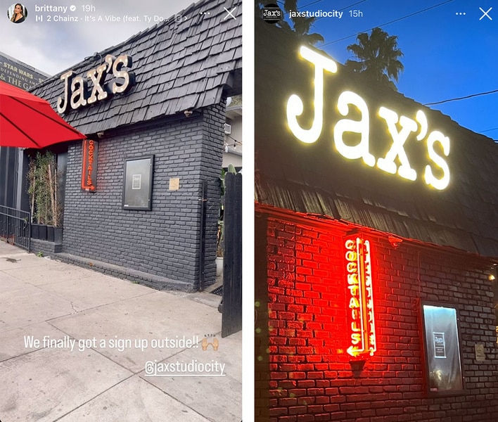 A 'Jax's Bar' sign on the exterior of the bar