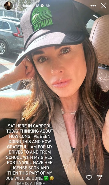 Kyle Richards sitting in a car sharing an update on motherhood.