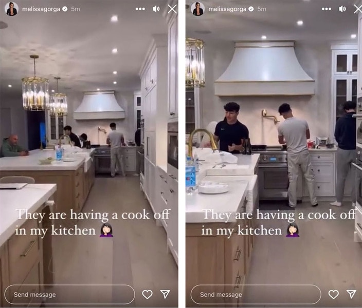 A split of Melissa Gorga's sons in their kitchen cooking.