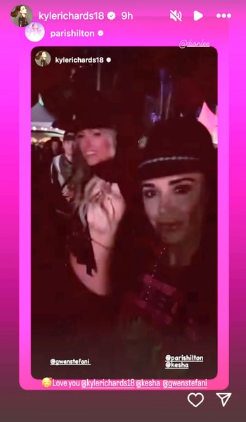 Kyle Richards and Paris Hilton wearing cowboy hats at Coachella together.