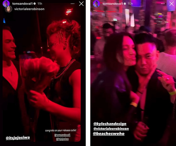 A split of Tom Sandoval, Victoria Lee Robinson, and Kyle Chan at Jojo Siwa's party.