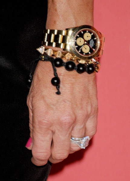 A closeup of Kyle Richards' engagement ring and jewelry.