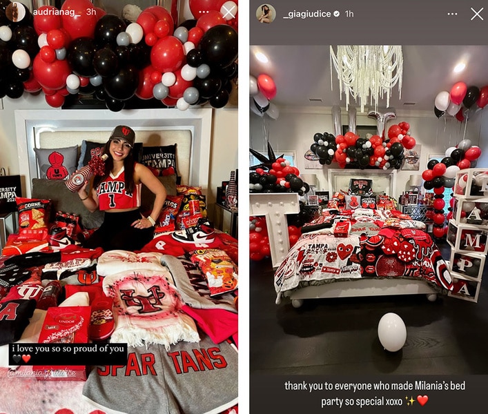 Milania Giudice on her bed as it's decorated in black and red University of Tampa decor.