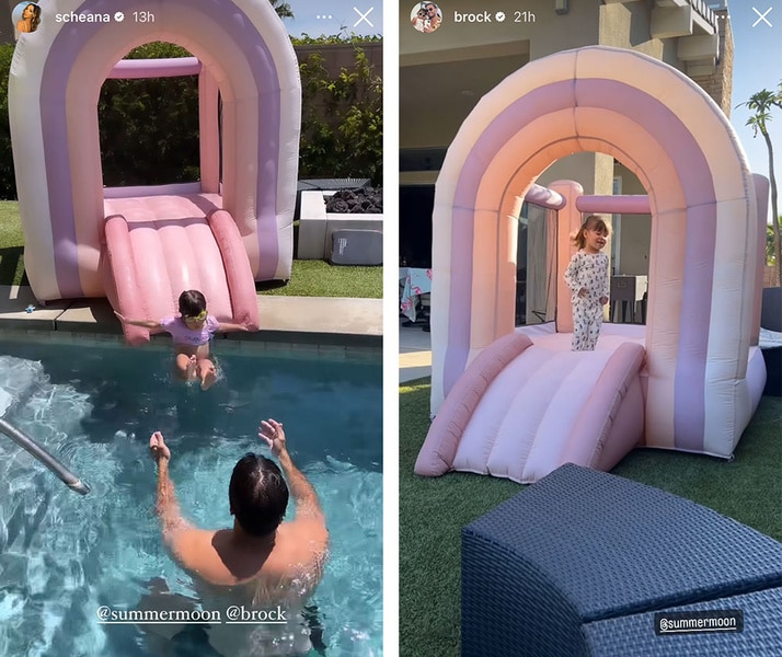 A split of Scheana Shay and Brock Davies' backyard and pool with daughter, Summer Moon.