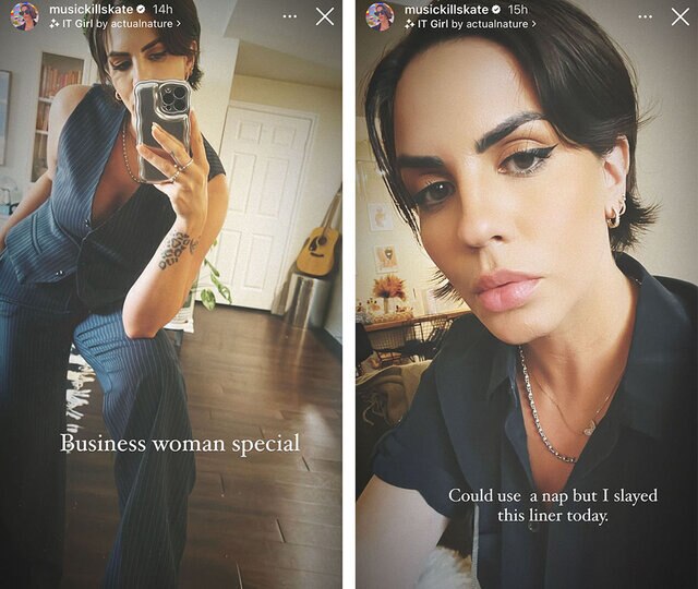 A split photo of Katie in a sleeveless suit set and a selfie.