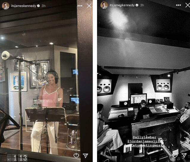 A series of images illustrating Ally Lewber in a music studio.