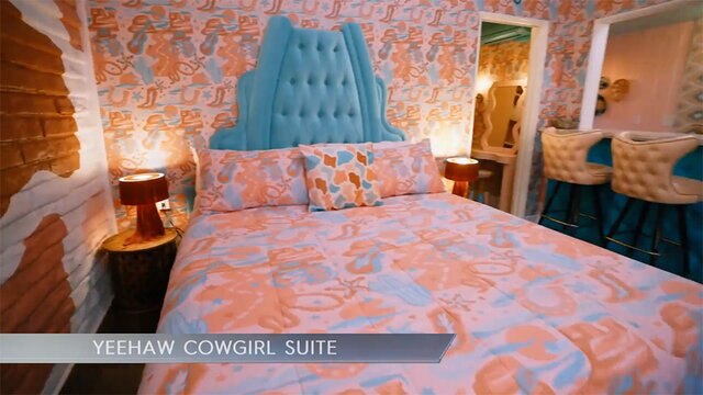 A brightly patterned, blue and coral, suite at the Trixie Motel in Palm Springs.