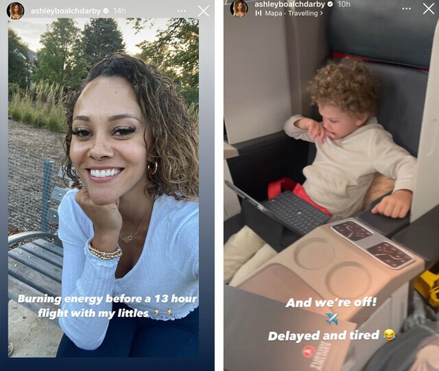 A split of Ashley Darby sitting on a bench (Overlaid text, "Burning energy before a 13 hour flight with my littles (2 running emojis).") and Dean Darby sitting in an airplane seat (Overlaid text, "And we're off! (plane emoji) Delayed and tired (laughing emoji).")