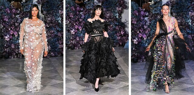 A split of 3 models walking the runway in Christian Siriano's Spring 2024 designs.