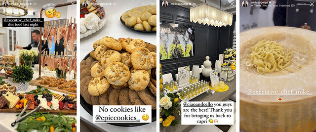 A split of food at Melissa Gorga's party. Overlaid text, "@executive_chef_mike this food last night."; "No cookies like @epiccookies_"; "@ciaoandcello you guys are the best! Thank you for bringing us back to Capri (lemon emoji) (heart hands emoji)