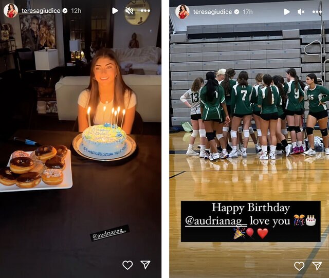 Split of Audriana Giudice sitting at a dining table with her birthday cake, and Audriana at her volleyball practice.