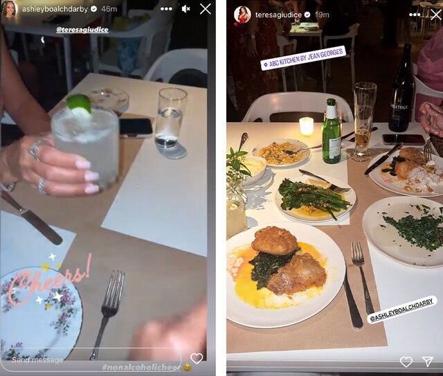 A series of images showing the dinner that Ashley Darby and Teresa Giudice are having at ABC Kitchen. .