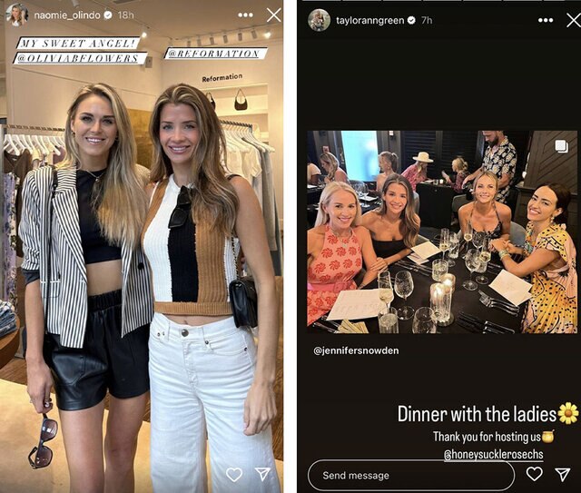 Split image of of Naomie Olindo with Olivia Flowers, and Naomie at dinner with Taylor Ann Green and Jennifer Snowden.
