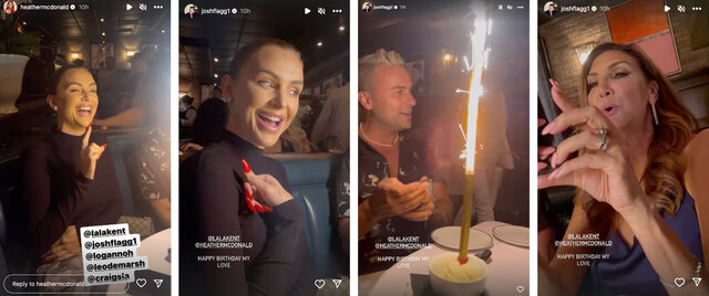 Lala Kent, Josh Flagg, and Heather McDonald celebrate Lala’s birthday at a restaurant.