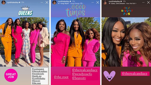 A collage of Wendy Osefo, Cynthia Bailey, Venita Aspen, and Candiace Dillard posing together at an event at Howard University in bright patterns and colors.