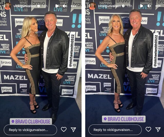 Full lengths of Vicki Gunvalson and Michael Smith at the Watch What Happens Live studios