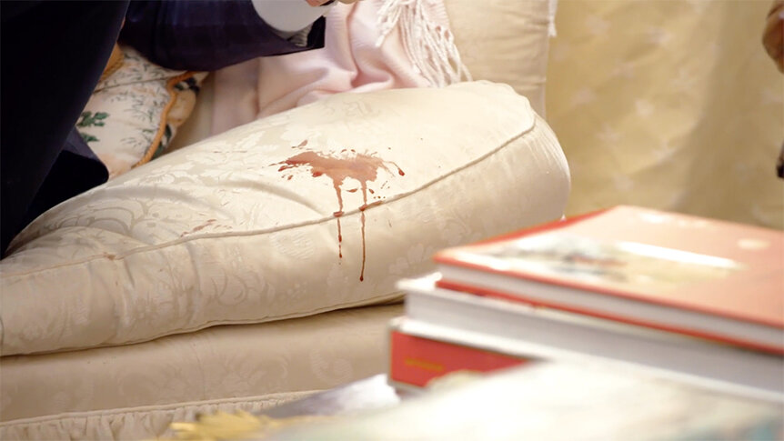 Red wine spilled on Patricia Altschul's white sofa by Craig Conover.